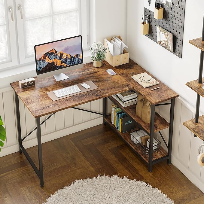 Bestier Small L Shaped Desk with Shelves 47 Inch Reversible Corner Computer Desk Writing Gaming Storage Table for Home Office Small Space, Rustic Brown - LeafyLoom