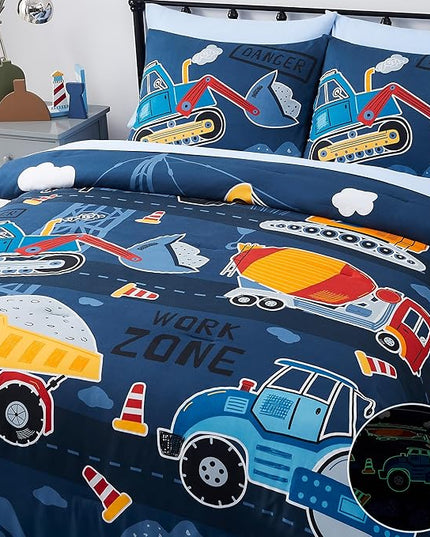 Truck Tractor Excavator Full Size Comforter Sets - Bedding Sets Full 7 Pieces for Boys, Glow in The Dark Bed in A Bag Full Size for Kids, Teens - LeafyLoom