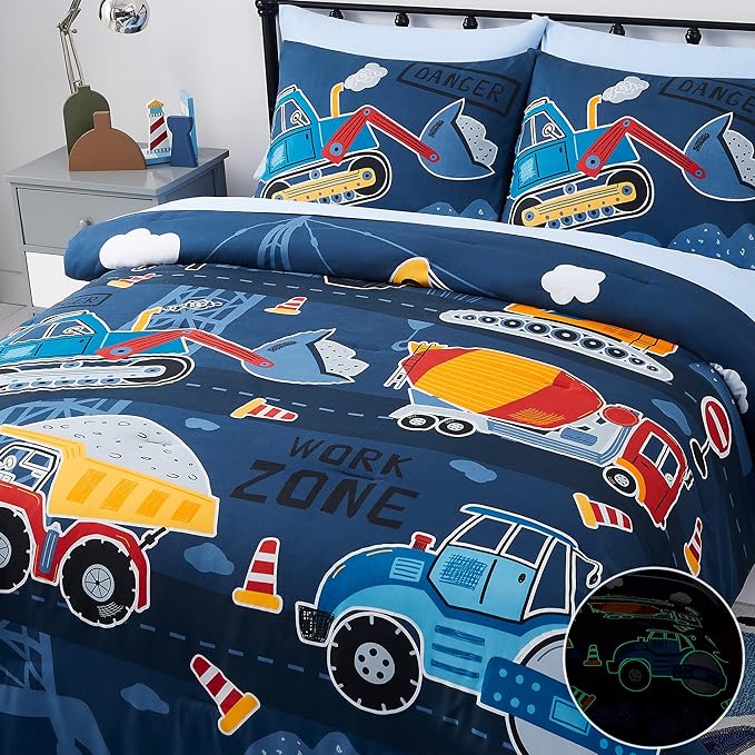 Truck Tractor Excavator Full Size Comforter Sets - Bedding Sets Full 7 Pieces for Boys, Glow in The Dark Bed in A Bag Full Size for Kids, Teens - LeafyLoom