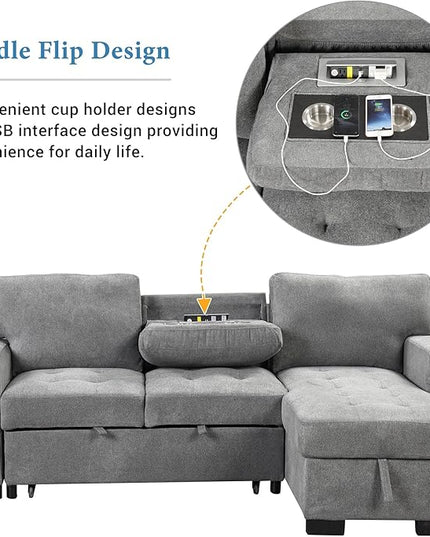 85.2“ L-Shape Sectional Sleeper Sofa with Pull out Bed and Drop Down Table, Velvet Upholstered Couch w/Storage Rack in Arm &USB Charge, for Living Room Apartment, 85.2 Inch, Gray - LeafyLoom