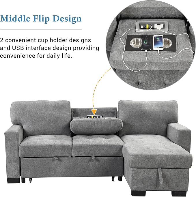 85.2“ L-Shape Sectional Sleeper Sofa with Pull out Bed and Drop Down Table, Velvet Upholstered Couch w/Storage Rack in Arm &USB Charge, for Living Room Apartment, 85.2 Inch, Gray - LeafyLoom
