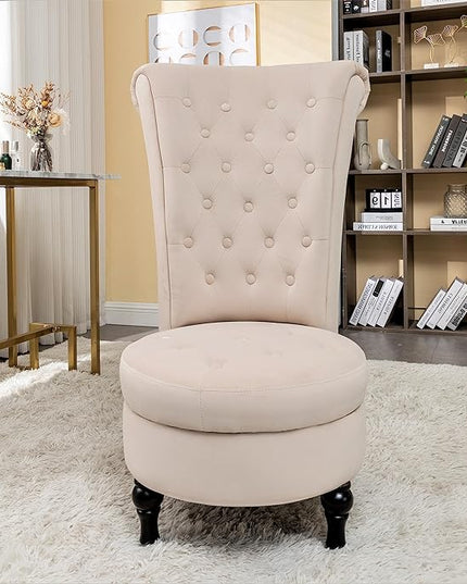 Royal High-Back Velvet Accent Chair for Vanity with Storage and Luxurious Upholstery, Retro Design and Versatile Usage for Living Room, Bedroom, Lounge and Office, Ivory - LeafyLoom