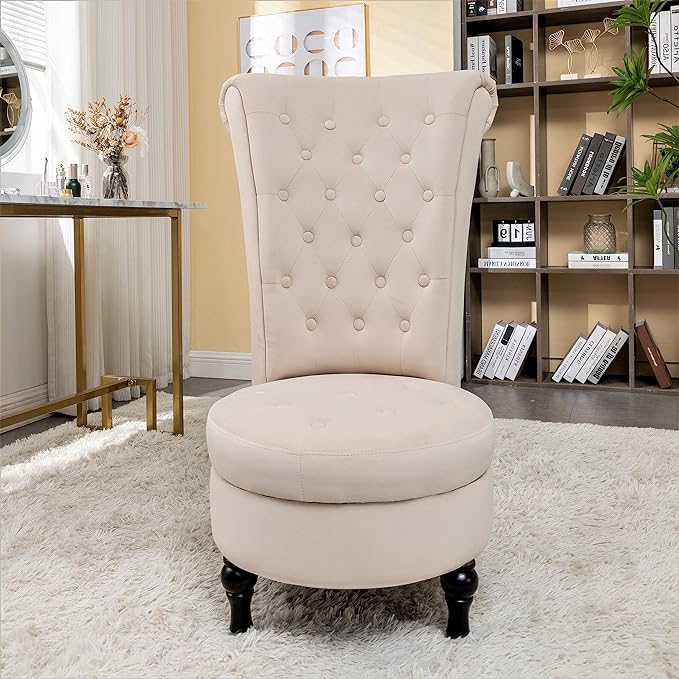 Royal High-Back Velvet Accent Chair for Vanity with Storage and Luxurious Upholstery, Retro Design and Versatile Usage for Living Room, Bedroom, Lounge and Office, Ivory - LeafyLoom