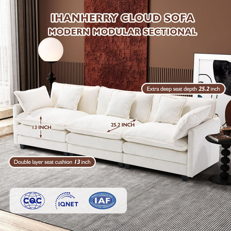 Ihanherry 111.4" L Shaped Modern Sofa Modular Sectional Cloud Couch with Ottoman, 4-Seat Chenille Deep Seat Sofa with Pillow for Living Room, Bedroom and Apartment, Beige LeafyLoom