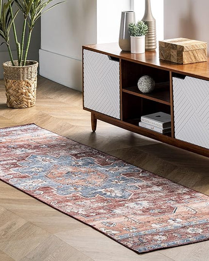nuLOOM Zena Medallion Machine Washable Ultra Thin Runner Rug, 2' 6" x 12', Rust - LeafyLoom
