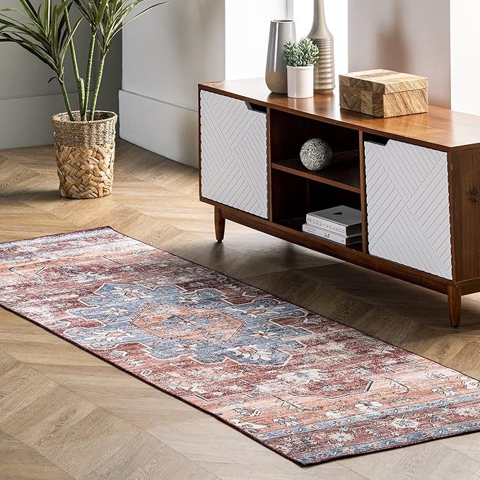 nuLOOM Zena Medallion Machine Washable Ultra Thin Runner Rug, 2' 6" x 10', Rust - LeafyLoom