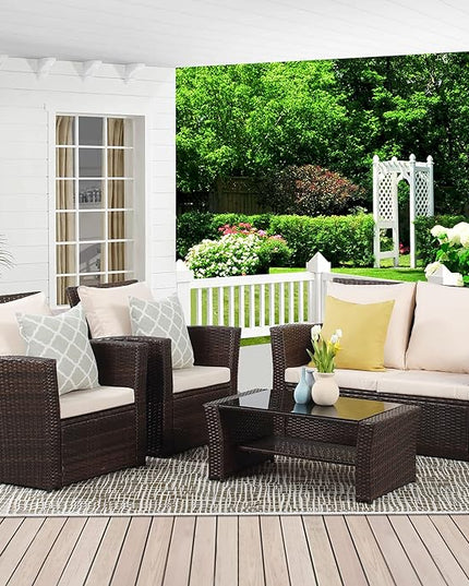 Wisteria Lane 4 Piece Outdoor Patio Furniture Sets, Wicker Conversation Set for Porch Deck, Brown Rattan Sofa Chair with Cushion - LeafyLoom