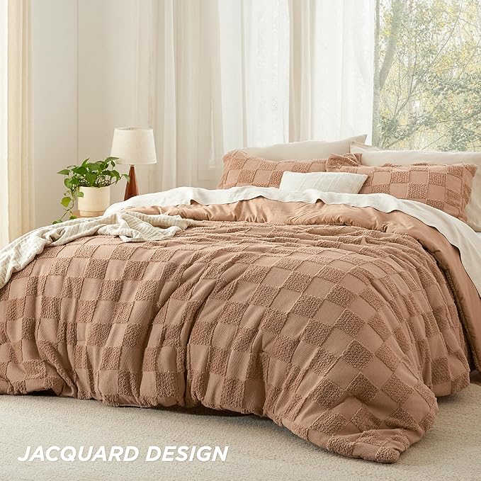 Bedsure Queen Size Comforter Set Taupe, Boho Tufted Bedding Comforter Set, Checkered Farmhouse Shabby Chic Bed Set, 3 Pieces, 1 Plaid Geometric Comforter and 2 Pillow Shams - LeafyLoom