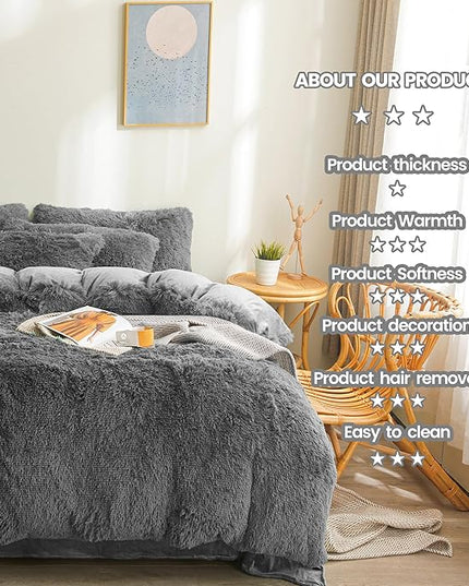 FOPPA Dark grey fluffy Comforter Cover Set king- Ultra Soft fluffy Dark grey Bedding Sets 3 Pieces (1 Duvet Cover + 2 Pillow case) Dark grey fluffy bed set (Dark Grey, King) - LeafyLoom