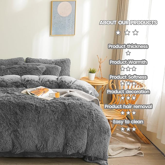 Fluffy dark grey comforters Cover twin size - Ultra Soft Plush dark grey bedding Sets 2 Pieces (1 faux fur comforter Cover + 1 fuzzy pillow case) girls shaggy dark grey twin bed set (Dark Grey, Twin) - LeafyLoom