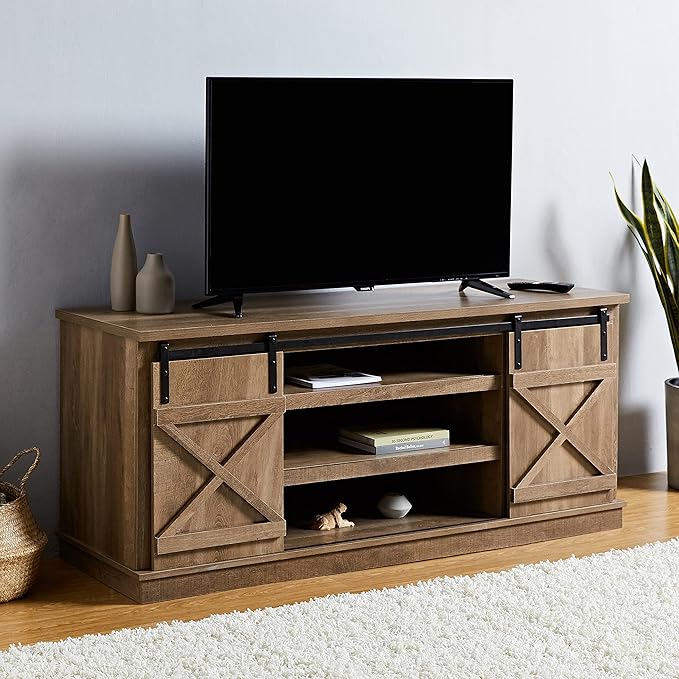 ROCKPOINT 60inch Entertainment TV Stand Media Console Industrial Cabinet, Dark Oak - LeafyLoom