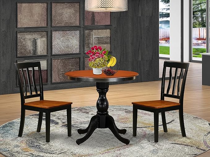 East West Furniture Eden 3 Piece Kitchen Set for Small Spaces Contains a Round Dining Room Table with Pedestal and 2 Solid Wood Seat Chairs, 30x30 Inch, ESAN3-BCH-W - LeafyLoom
