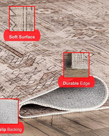 nuLOOM Amie Persian Border Machine Washable Ultra Thin Area Rug, 4' x 6', Light Brown - LeafyLoom