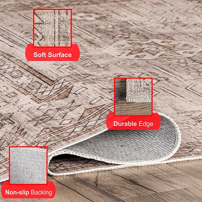 nuLOOM Amie Persian Border Machine Washable Ultra Thin Area Rug, 4' x 6', Light Brown - LeafyLoom