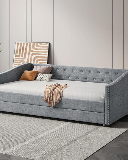 Twin Size Daybed with Trundle, Upholstered Tufted Sofa Bed with Button on Back and Piping on Waved Shape Arms for Bedroom, Apartment, Living Room, Wooden Slats Support, Light Grey - LeafyLoom