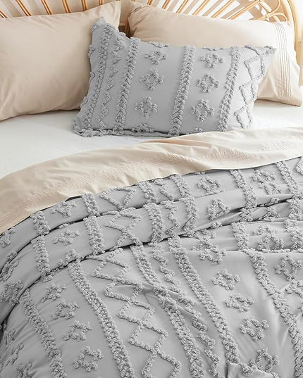 Bedsure Tufted Boho Comforter Set Queen - Grey Boho Bedding Comforter Set, 3 Pieces Farmhouse Shabby Chic Embroidery Bed Set, Soft Jacquard Comforter for All Seasons - LeafyLoom