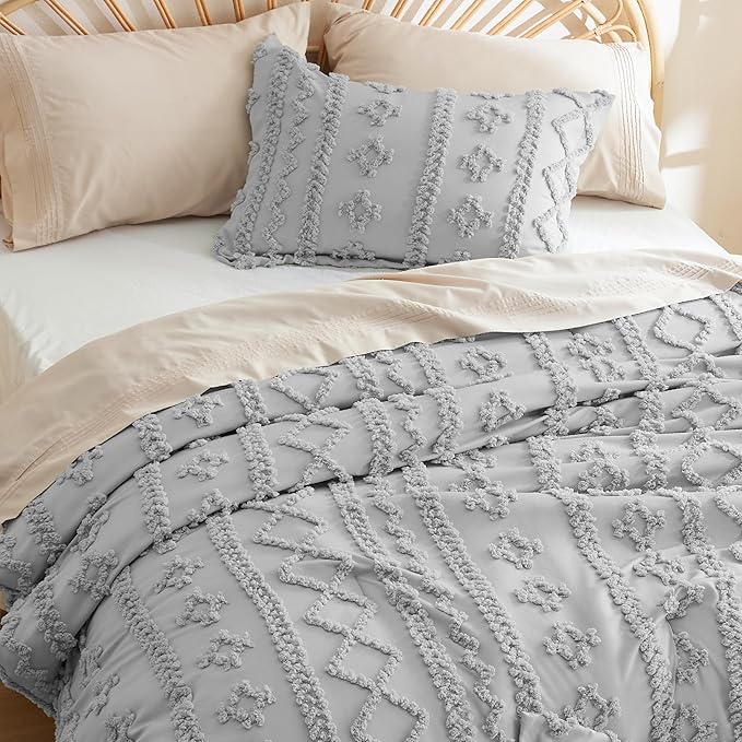 Bedsure Tufted Boho Comforter Set Queen - Grey Boho Bedding Comforter Set, 3 Pieces Farmhouse Shabby Chic Embroidery Bed Set, Soft Jacquard Comforter for All Seasons - LeafyLoom