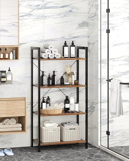 VERMESS 4-Tier Bookshelf, 24 inch Wood Bookcase with Open Shelves, Rustic Brown Book Shelf Storage Shelving Unit, Industrial Standing Bookshelves Metal Frame Display Rack for Living Room, Bedroom - LeafyLoom