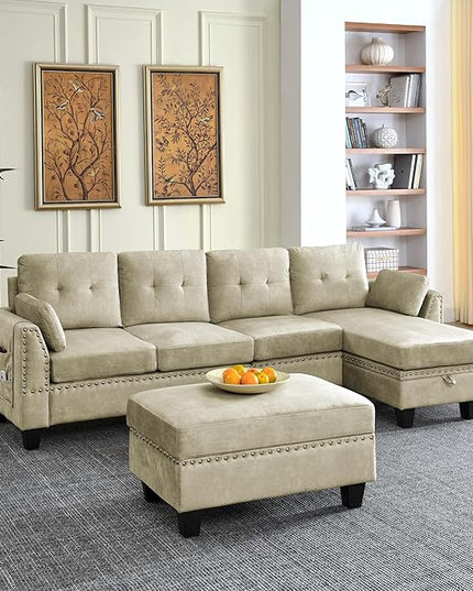 Velvet L Shaped Sofa with Reversible Chaise Lounge, Storage Ottoman, Pillows & Side Pocket, Button Tufted Backrest, 6-Seater Upholstered Corner Sectional Couches for Living Room Furniture Set - LeafyLoom