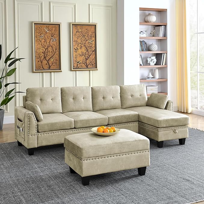 Velvet L Shaped Sofa with Reversible Chaise Lounge, Storage Ottoman, Pillows & Side Pocket, Button Tufted Backrest, 6-Seater Upholstered Corner Sectional Couches for Living Room Furniture Set - LeafyLoom
