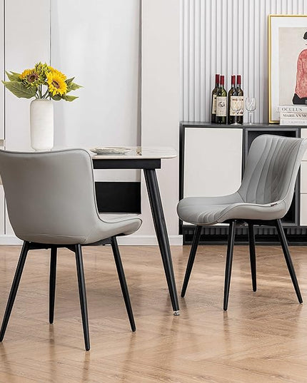 YOUTASTE Grey Dining Chairs Set of 2 Faux Leather Upholstered Kitchen Dining Room Chairs Mid Century Modern Metal Legs Chairs High Back for Kitchen Restaurant Living Room Bedrooms - LeafyLoom