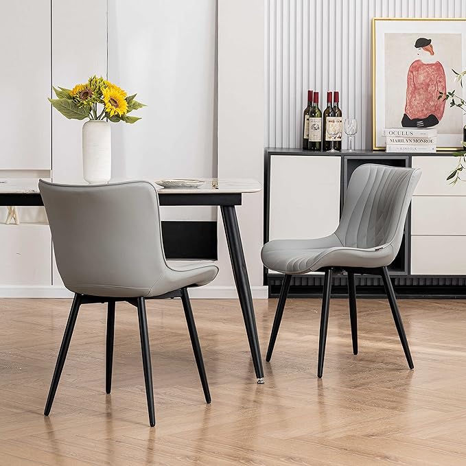 YOUTASTE Grey Dining Chairs Set of 2 Faux Leather Upholstered Kitchen Dining Room Chairs Mid Century Modern Metal Legs Chairs High Back for Kitchen Restaurant Living Room Bedrooms - LeafyLoom