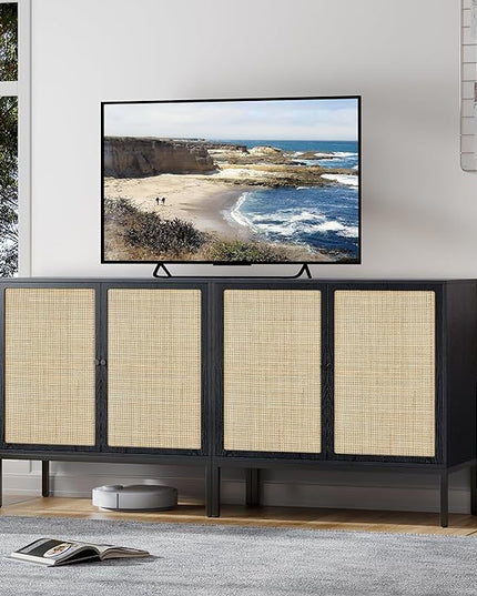 Brafab Rattan Cabinet Buffet Cabinet, Sideboard Cabinet with Natural Rattan Decorated Doors, Accent Cabinet, for Living Room, Entryway, Bedroom, Dining Room/Square Doors, Black - LeafyLoom