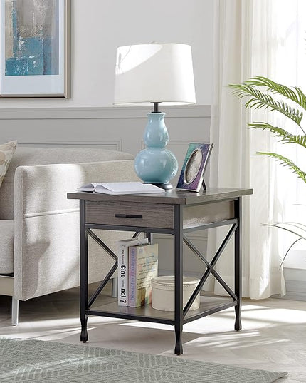 Leick Home 23007 Chisel & Forge One Drawer X Design Mixed Metal and Wood Side Table with Shelf, Smoke Gray and Matte Black, 22 in x 24 in x 24 in - LeafyLoom