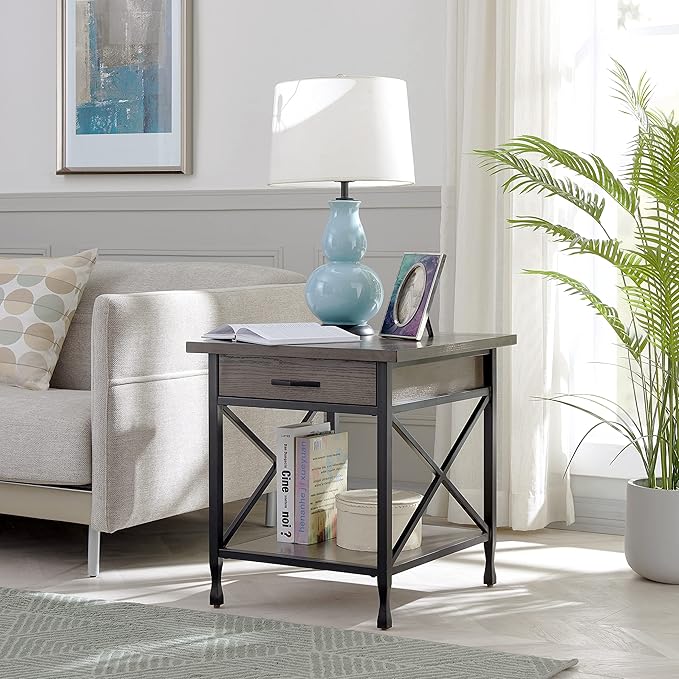 Leick Home 23007 Chisel & Forge One Drawer X Design Mixed Metal and Wood Side Table with Shelf, Smoke Gray and Matte Black, 22 in x 24 in x 24 in - LeafyLoom