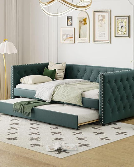 Twin Size Tufted Upholstered Daybed with Trundle, Solid Wood Velvet Bed with Rivet Design, No Box-spring Needed, for Living Room, Bedroom, Dorm, Space-Saving Design - LeafyLoom