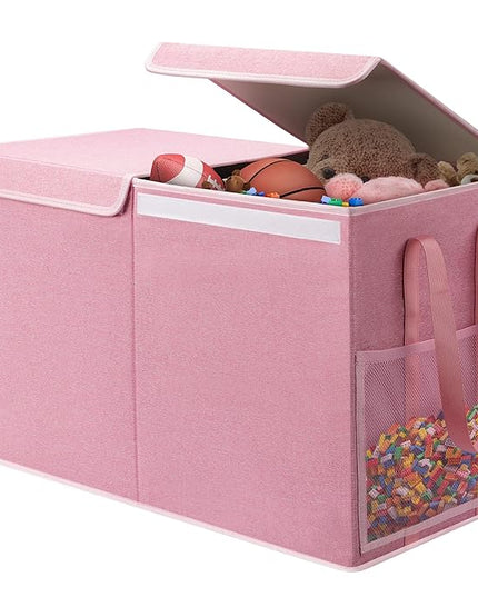 Large Toy Box for Boys Girls Toy Chest Kids Toy Storage Organizer Collapsible Toy Storage Bin Basket with Two Mesh Pockets for Nursery Playroom Bedroom Living Room Organization - LeafyLoom
