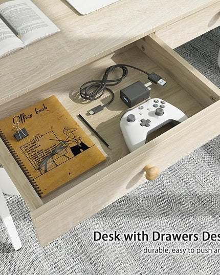 Weehom Computer Desk with Drawers, Home Office Desk for Writing, Studying, and Gaming - Sturdy and Spacious Workstation for PC and Laptop(Beige) - LeafyLoom