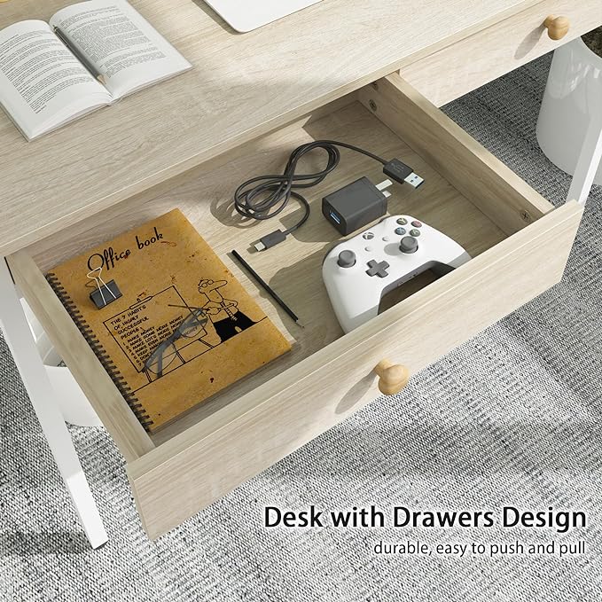 Weehom Computer Desk with Drawers, Home Office Desk for Writing, Studying, and Gaming - Sturdy and Spacious Workstation for PC and Laptop(Beige) - LeafyLoom