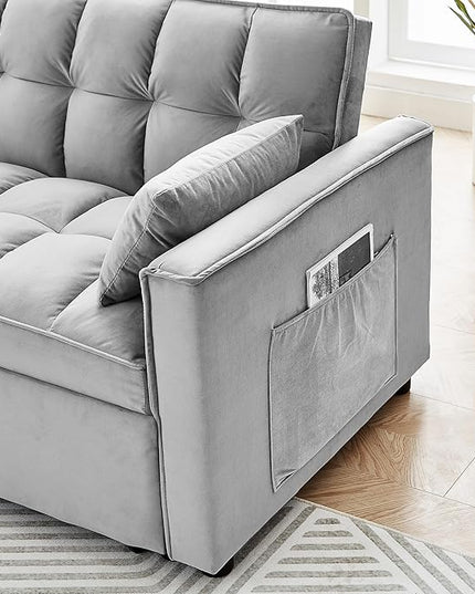 Full Size Pull 3 in 1 Convertible, Fluffy Velvet Loveseat Cama, Lounge Sleeper Sofa with Pullout Bed, Small Futon Couch for Living Room, Bedroom, 55" W, Grey - LeafyLoom