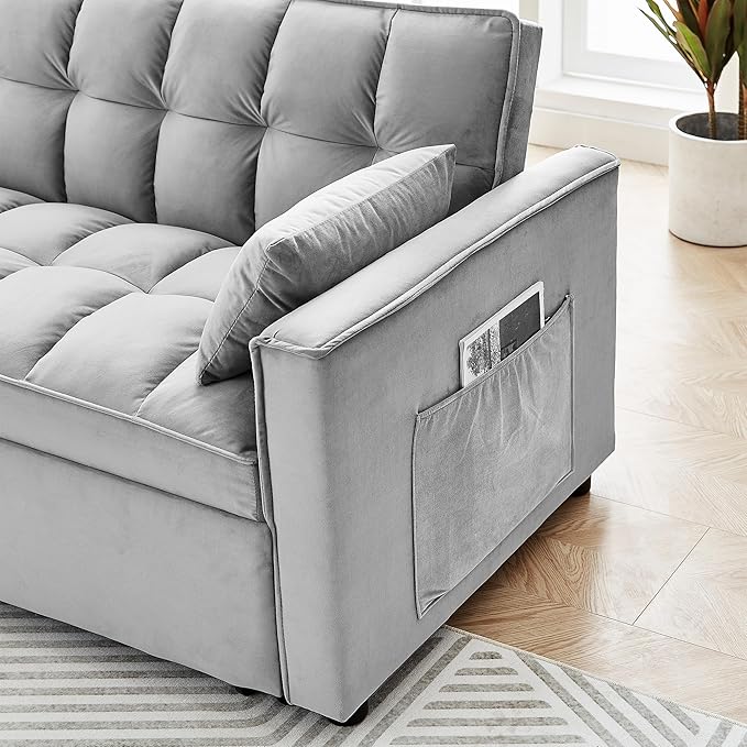Full Size Pull 3 in 1 Convertible, Fluffy Velvet Loveseat Cama, Lounge Sleeper Sofa with Pullout Bed, Small Futon Couch for Living Room, Bedroom, 55" W, Grey - LeafyLoom