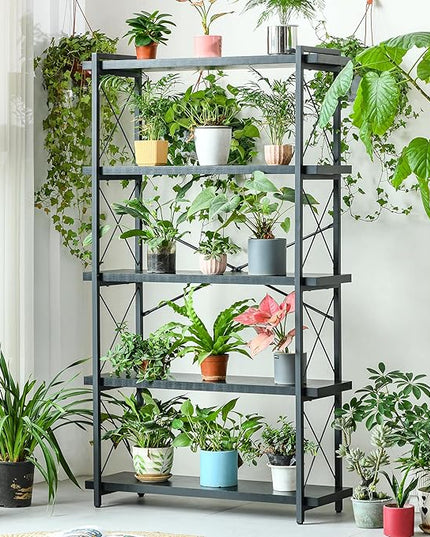 HCHQHS Bookshelf, 5-Tier Industrial Bookcase, Black Open Book Shelf, Freestanding Tall Bookshelves with Metal Frame - LeafyLoom
