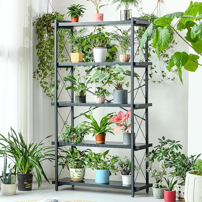 HCHQHS Bookshelf, 5-Tier Industrial Bookcase, Black Open Book Shelf, Freestanding Tall Bookshelves with Metal Frame - LeafyLoom