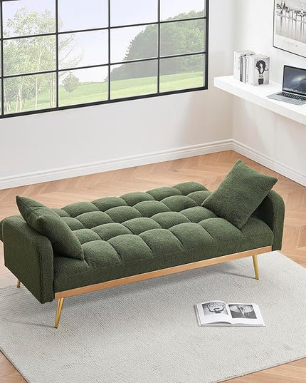 Fabric Teddy Fleece Folding Futon Sofa Bed w/Adjustable Backrests, 2 Seater Tufted Convertible Lounge Couch Recliner Loveseat with Metal Golden Legs for Living Room, Office,Bedroom, Green 69" - LeafyLoom