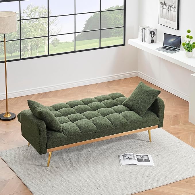 Fabric Teddy Fleece Folding Futon Sofa Bed w/Adjustable Backrests, 2 Seater Tufted Convertible Lounge Couch Recliner Loveseat with Metal Golden Legs for Living Room, Office,Bedroom, Green 69" - LeafyLoom