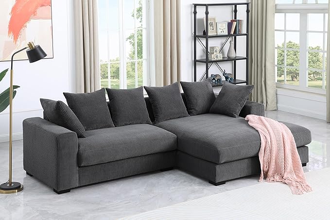 110" Modern L-shaped Sectional Sofa with Big Chaise,Upholstered Sleeper Couch W/ 6 Throw Pillows & Generously Armrests,Easy Assembly,Spacious Loveseat for Living Room Apartment Home,Dark Gray - LeafyLoom