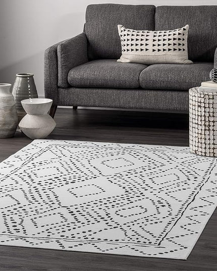 nuLOOM Mila Machine Washable Diamond Trellis Ultra Thin Area Rug, 8' Square, White - LeafyLoom