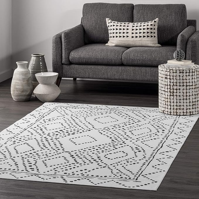 nuLOOM Mila Machine Washable Diamond Trellis Ultra Thin Area Rug, 8' Square, White - LeafyLoom