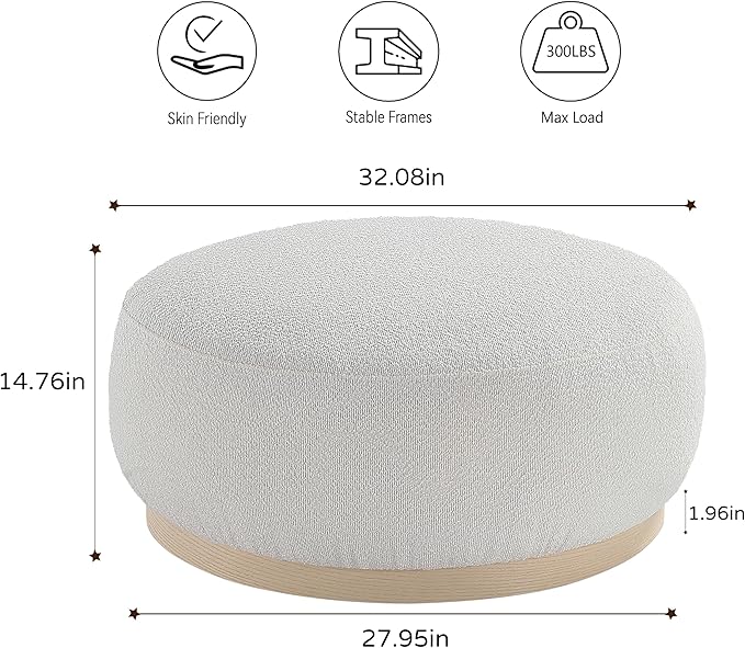 Round Ottoman Coffee Table, Modern Boucle Upholstered Center Table for Living Room Circle Accent Coffee Table for Bedroom Entryway Office - LeafyLoom
