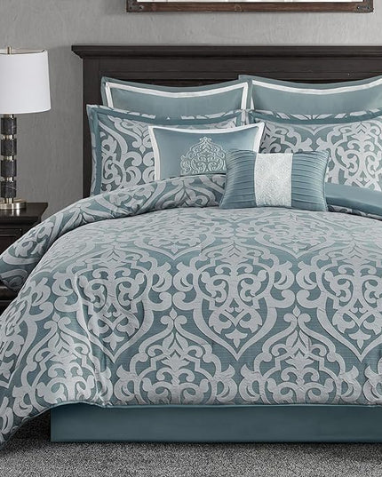 Madison Park Odette Cozy Comforter Set Jacquard Damask Medallion Design - Modern All Season, Down Alternative Bedding, Shams, Decorative Pillows, Queen(90 in x 90 in), Aqua - LeafyLoom