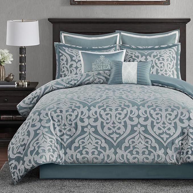 Madison Park Odette Cozy Comforter Set Jacquard Damask Medallion Design - Modern All Season, Down Alternative Bedding, Shams, Decorative Pillows, Queen(90 in x 90 in), Aqua - LeafyLoom