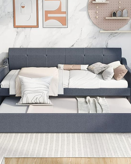 Upholstered Daybed with Pop Up Trundle, Twin Size Daybed with Trundle and USB Charging Ports, for Living Room Bedroom Guest Room, Gray - LeafyLoom