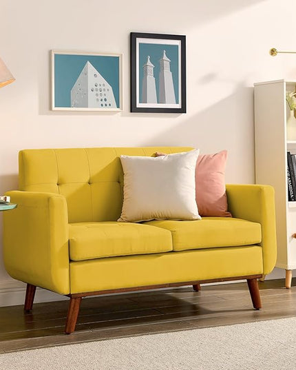 Double Sofa, Modern Decoration Living Room Love Seat Sofa Simple and Atmospheric, Button Plush Soft Cushion Love Seat Furniture, Easy to Install Bedroom Small Sofa (Yellow) - LeafyLoom