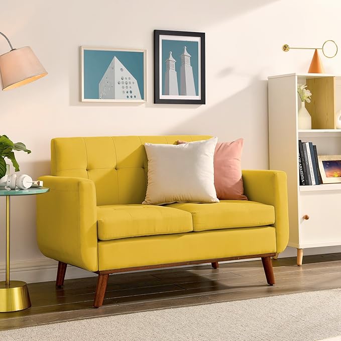 Double Sofa, Modern Decoration Living Room Love Seat Sofa Simple and Atmospheric, Button Plush Soft Cushion Love Seat Furniture, Easy to Install Bedroom Small Sofa (Yellow) - LeafyLoom