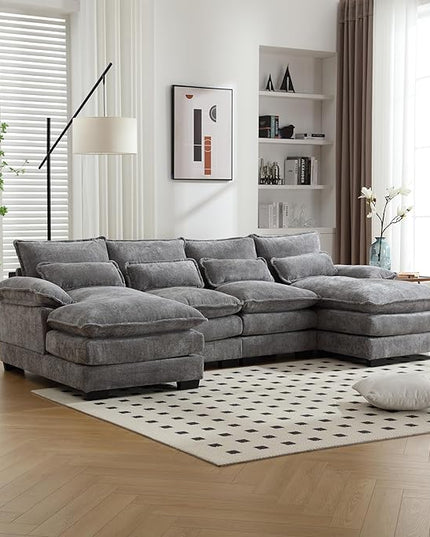 6 Seater Overstuffed Modular Sectional Sofa Cloud Couch with Double Chaise Lounge, U Shaped Chenille Upholstered Leisure Sofa&Couches with Memory Foam and Waist Pillows for Living Room Office - LeafyLoom