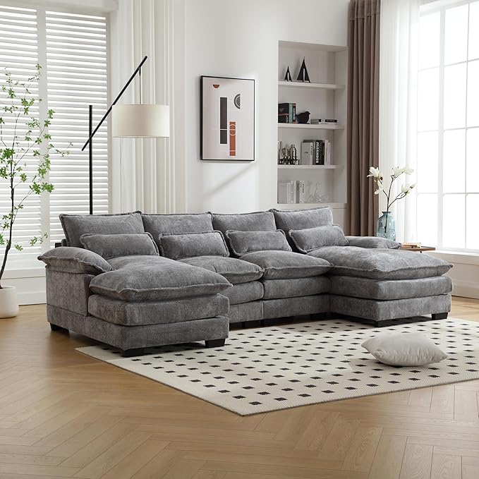 6 Seater Overstuffed Modular Sectional Sofa Cloud Couch with Double Chaise Lounge, U Shaped Chenille Upholstered Leisure Sofa&Couches with Memory Foam and Waist Pillows for Living Room Office - LeafyLoom